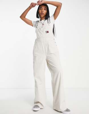 Tommy Jeans dungarees in beige cord White
