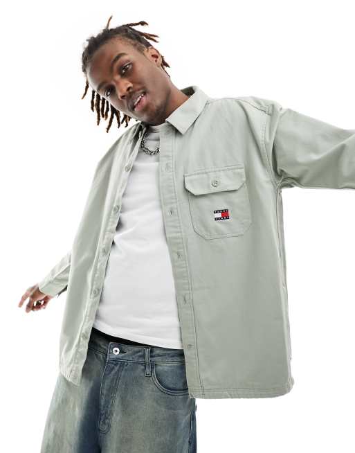 Tommy Jeans – Einfarbige Basic-Hemdjacke in Grau-Beige