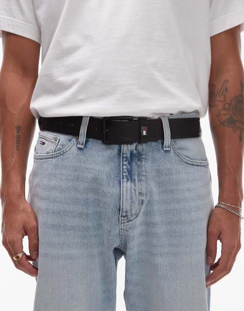 Tommy Jeans Elevated flag logo leather 3.5 belt in black - view 1