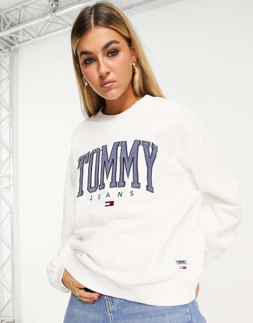 Tommy Jeans – Elfenbensvit sweatshirt med collegelogga