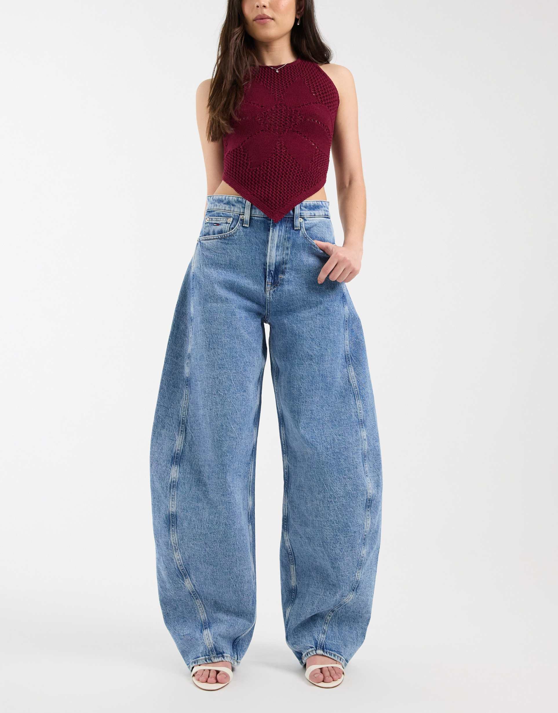 tommy jeans ella mid rise barrel leg jeans in mid wash blue