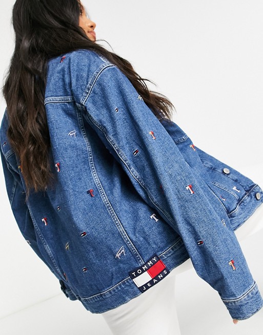 Tommy Jeans embroidery oversize trucker jacket in midwash blue