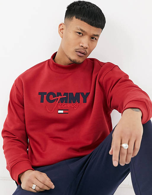 Tommy Jeans emrboidered chest logo sweatshirt in red | ASOS