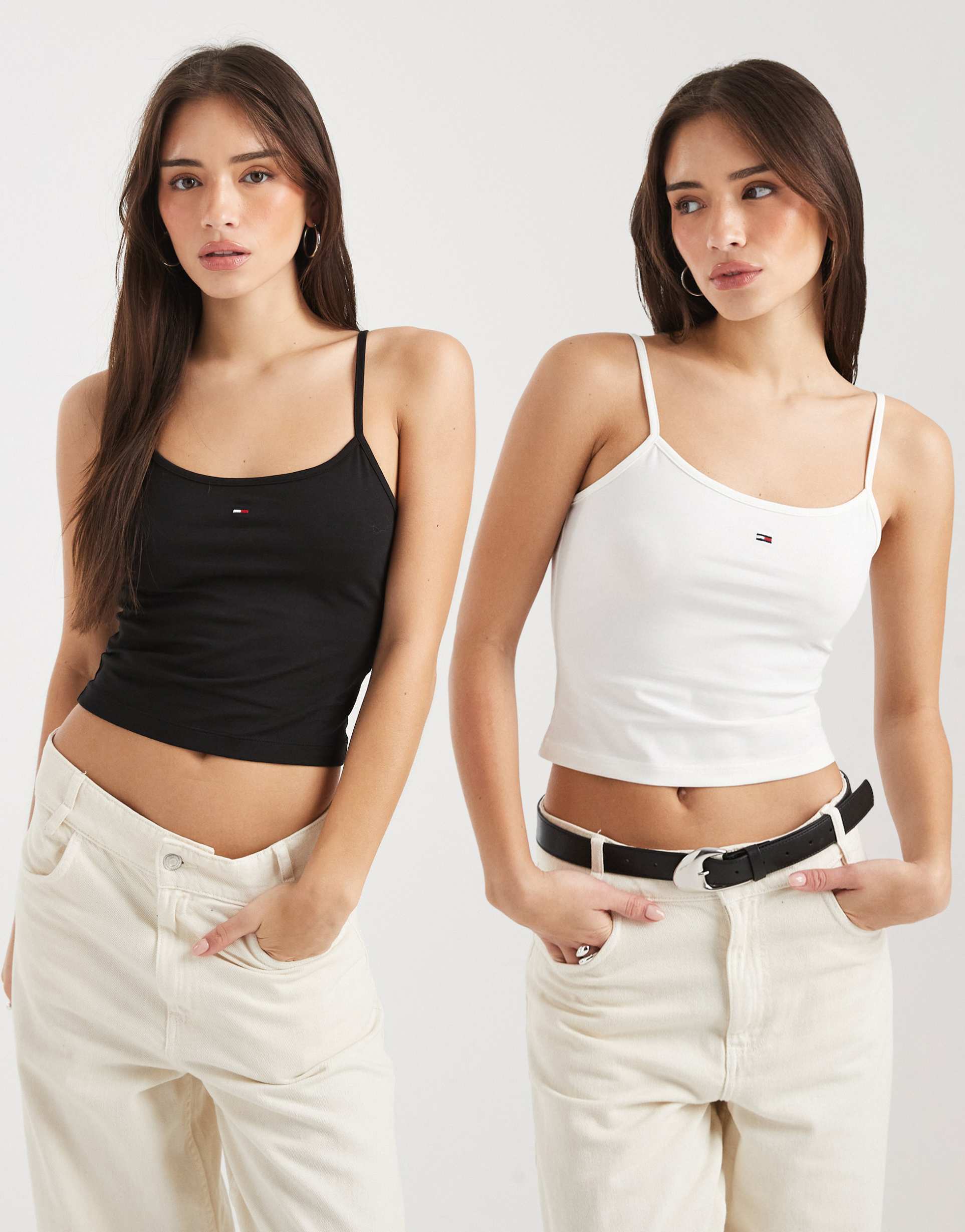 tommy jeans essential 2-pack strappy tank tops in black & white