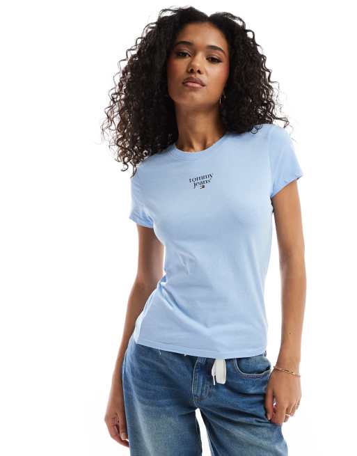 Tommy Jeans – Essential – Babyblå, smal t-shirt med logga