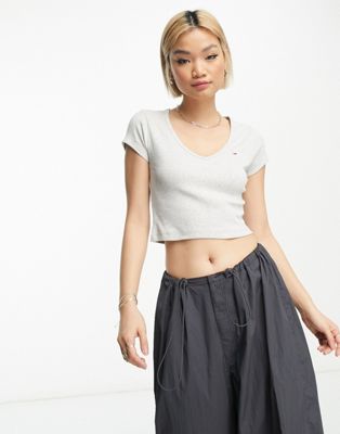 Tommy Jeans baby crop essential logo rib v neck in grey - ASOS Price Checker