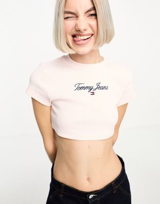 Tommy Jeans essential ultra crop embroidered top in light pink - ASOS Price Checker