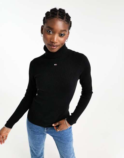 Tommy Jeans essential flag logo turtleneck jumper in black | ASOS