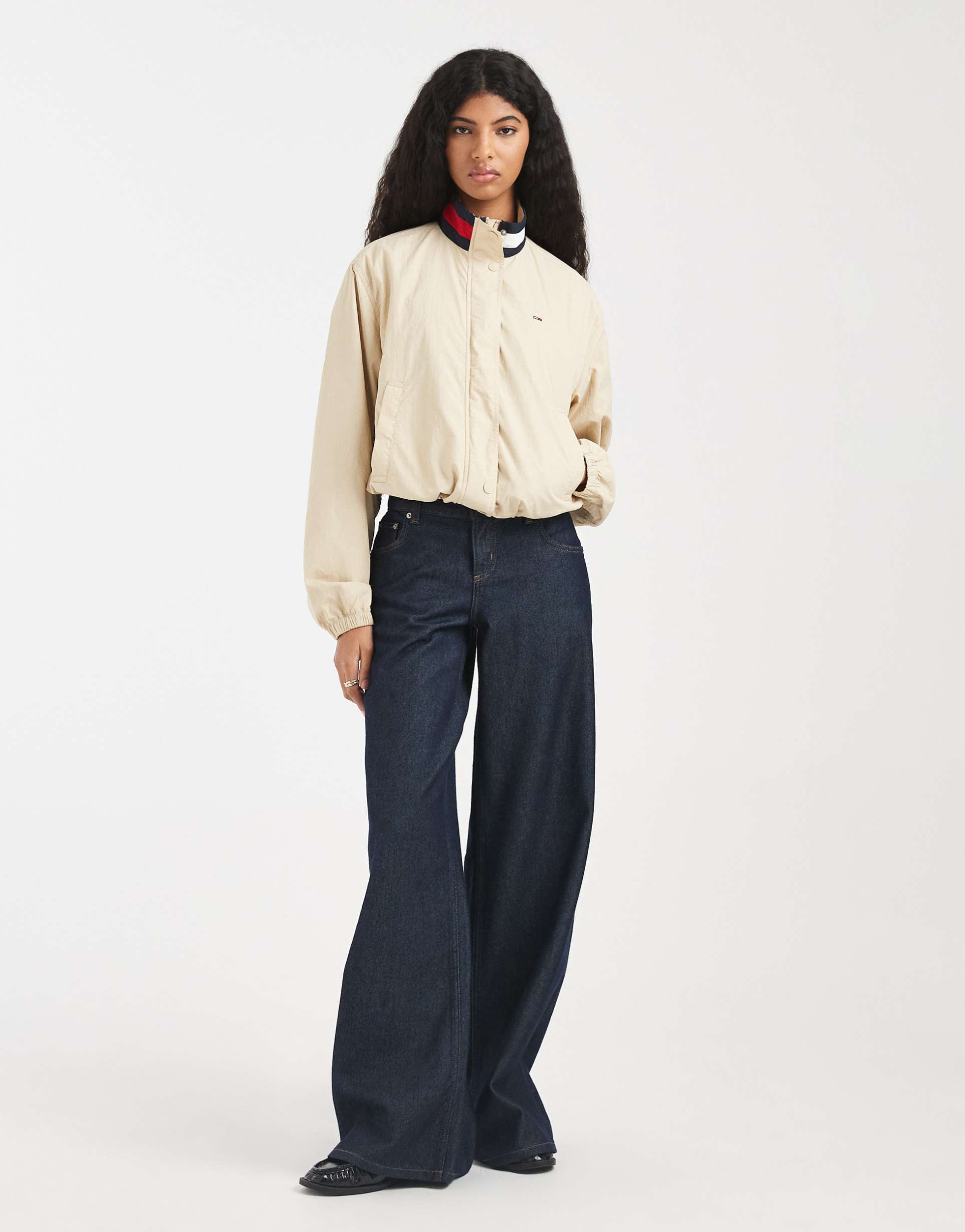 tommy jeans essential high neck jacket in beige