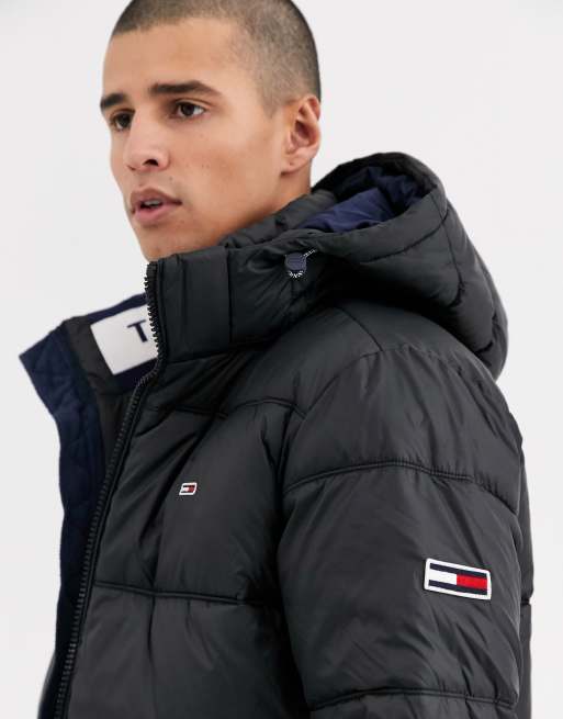 Tommy Jeans essential hooded puffer jacket in black with large flag logo