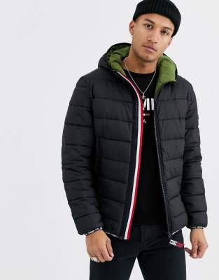 tommy jeans essential puffer jacket with logo in black