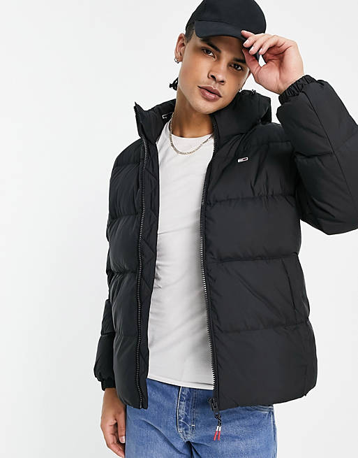 Tommy Jeans essential hooded puffer jacket in black | ASOS