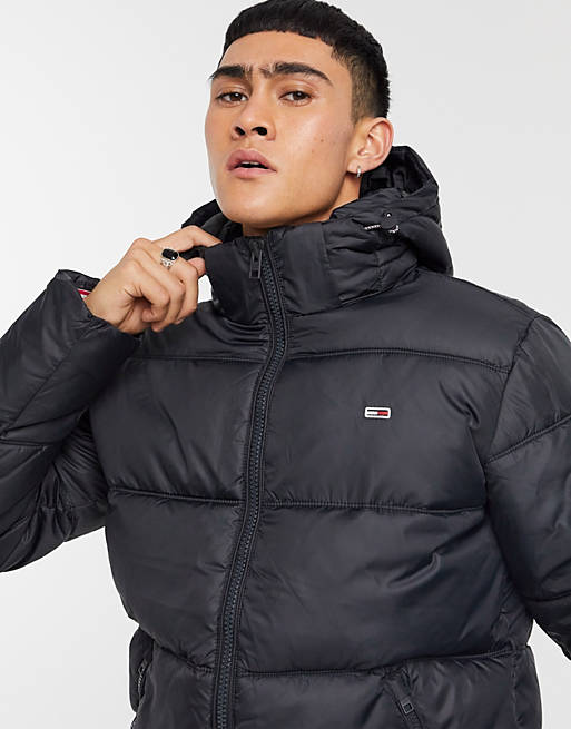 Tommy Jeans essential hooded puffer jacket in black | ASOS