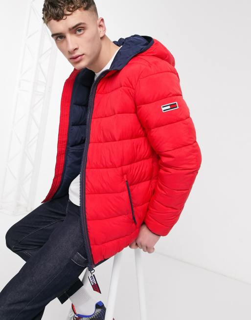 Tommy Jeans essential hooded puffer jacket in red ASOS