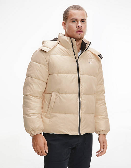 Tommy Jeans essential hooded puffer jacket in stone | ASOS
