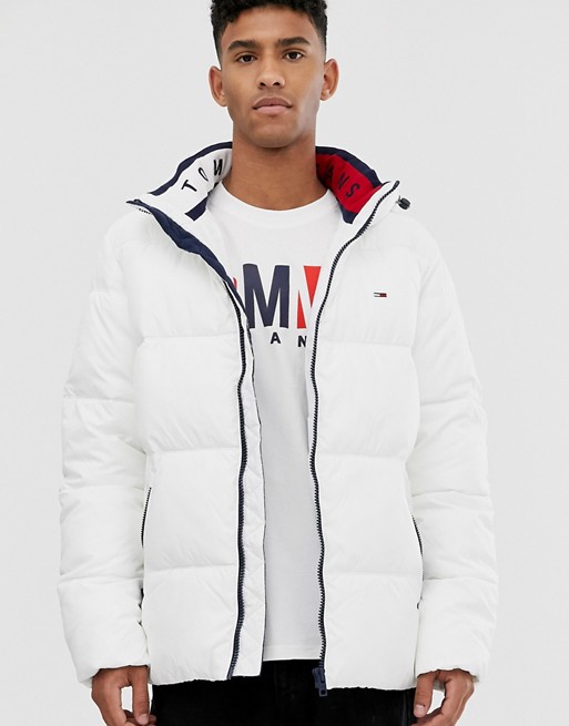 Tommy Jeans essential hooded puffer jacket in white with large flag logo