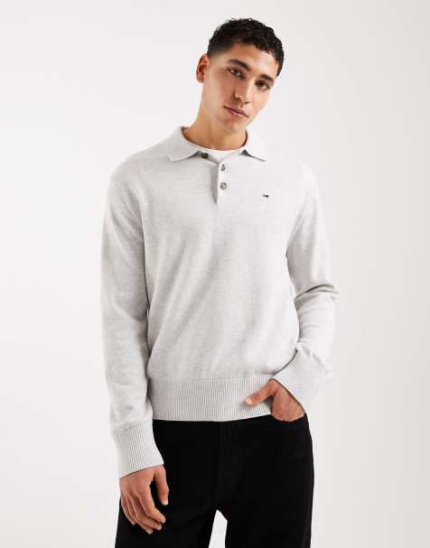 Tommy Jeans essential knit long sleeve polo shirt in gray - view 1