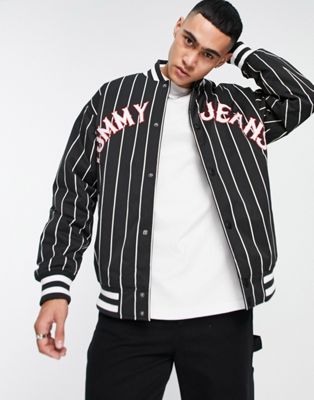 Tommy Jeans essential logo pinstripe bomber jacket in black - ASOS Price Checker