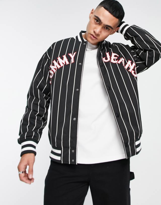 Tommy Jeans - essential logo pinstripe bomber jacket in black