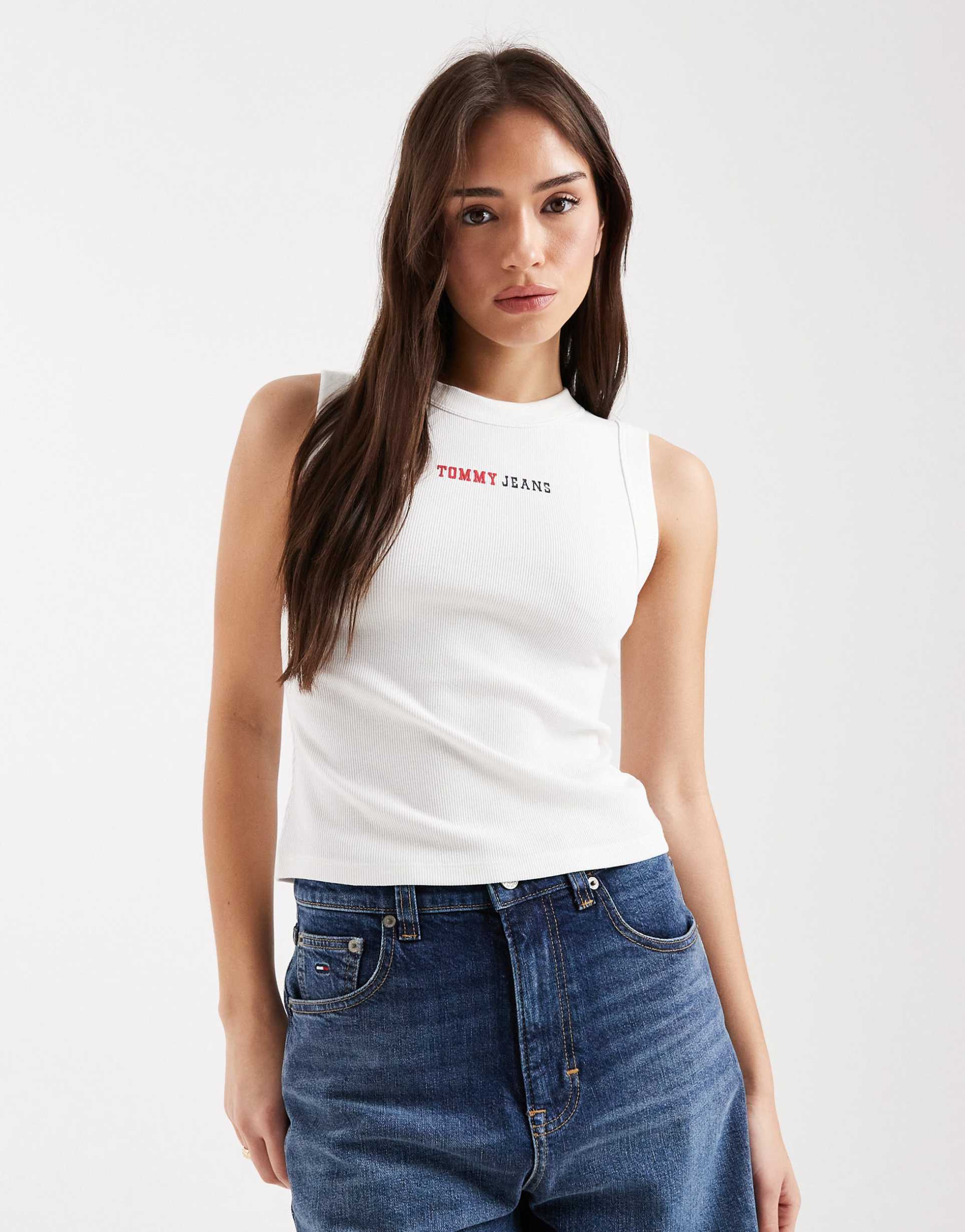 tommy jeans essential logo rib knit slim fit tank top in white