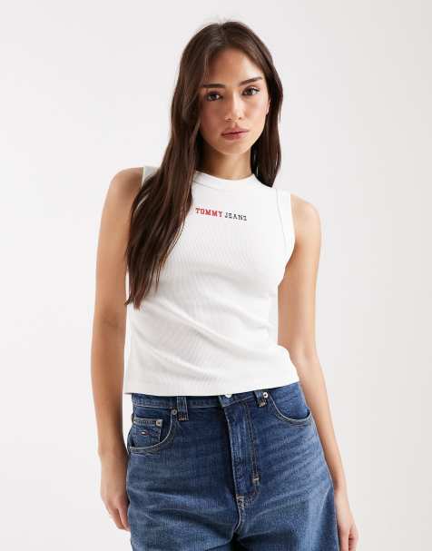 Tommy Jeans essential logo rib slim fit singlet in white - view 1