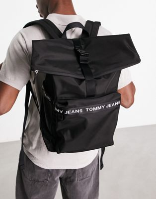 TOMMY JEANS ESSENTIAL LOGO TAPE ROLL-TOP BACKPACK IN BLACK
