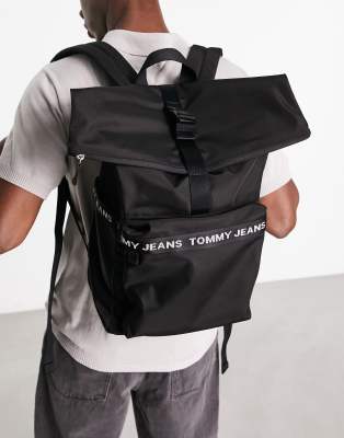 TOMMY JEANS ESSENTIAL LOGO TAPE ROLL-TOP BACKPACK IN BLACK