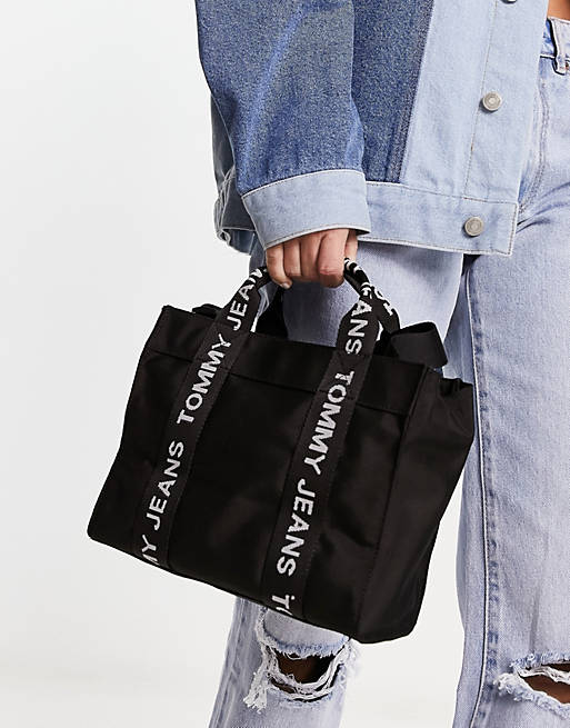 Tommy Jeans essential mini tote tapping strap in black | ASOS