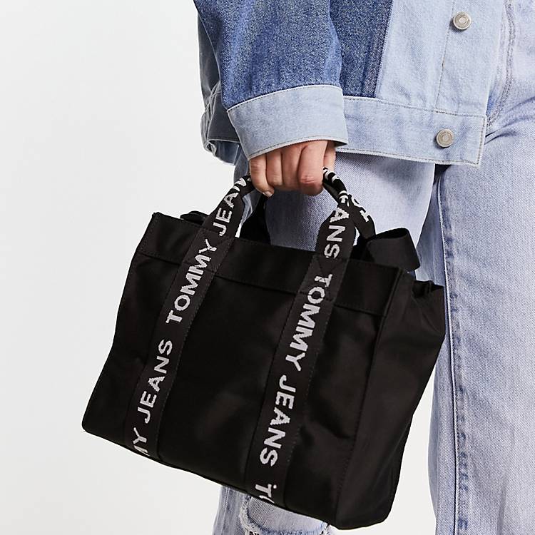Tommy Jeans essential mini tote with taping strap in black | ASOS