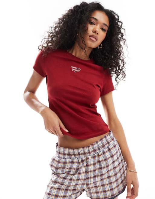 Tommy Jeans – Essential – Mörkröd, smal t-shirt med logga