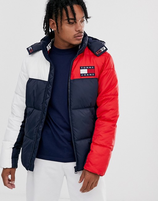Tommy Jeans essential puffer jacket in red/white/navy with large flag ...