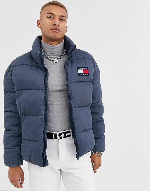 with time Gather token Tommy Jeans essential puffer jacket in washed blue with large flag logo |  ASOS