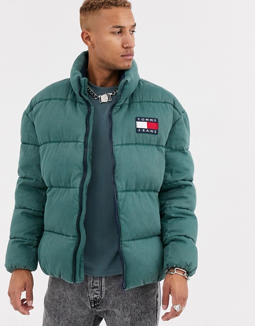 Tommy Jeans essential puffer jacket in washed green with large flag logo