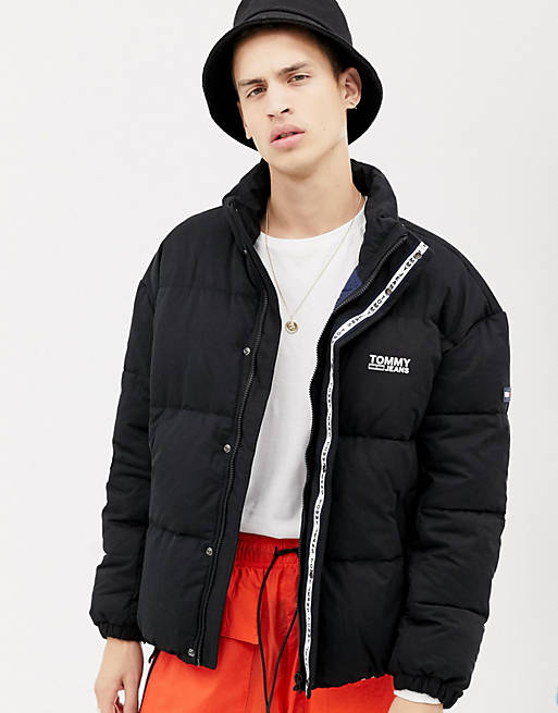 Tommy Jeans essential puffer jacket with logo in black | ASOS