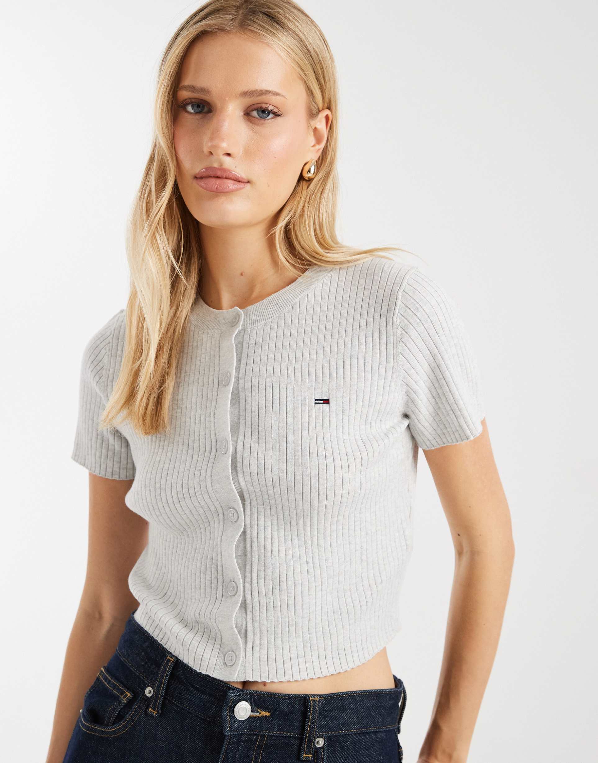 tommy jeans essential rib knit short sleeve cardigan in gray