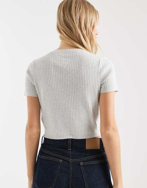 Tommy Jeans essential rib knit short sleeve cardigan in gray, 4 of 4