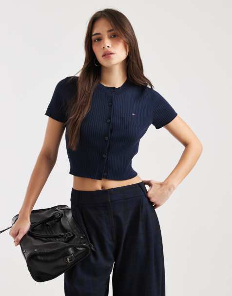 Tommy Jeans essential rib knit short sleeve cardigan in navy - view 1