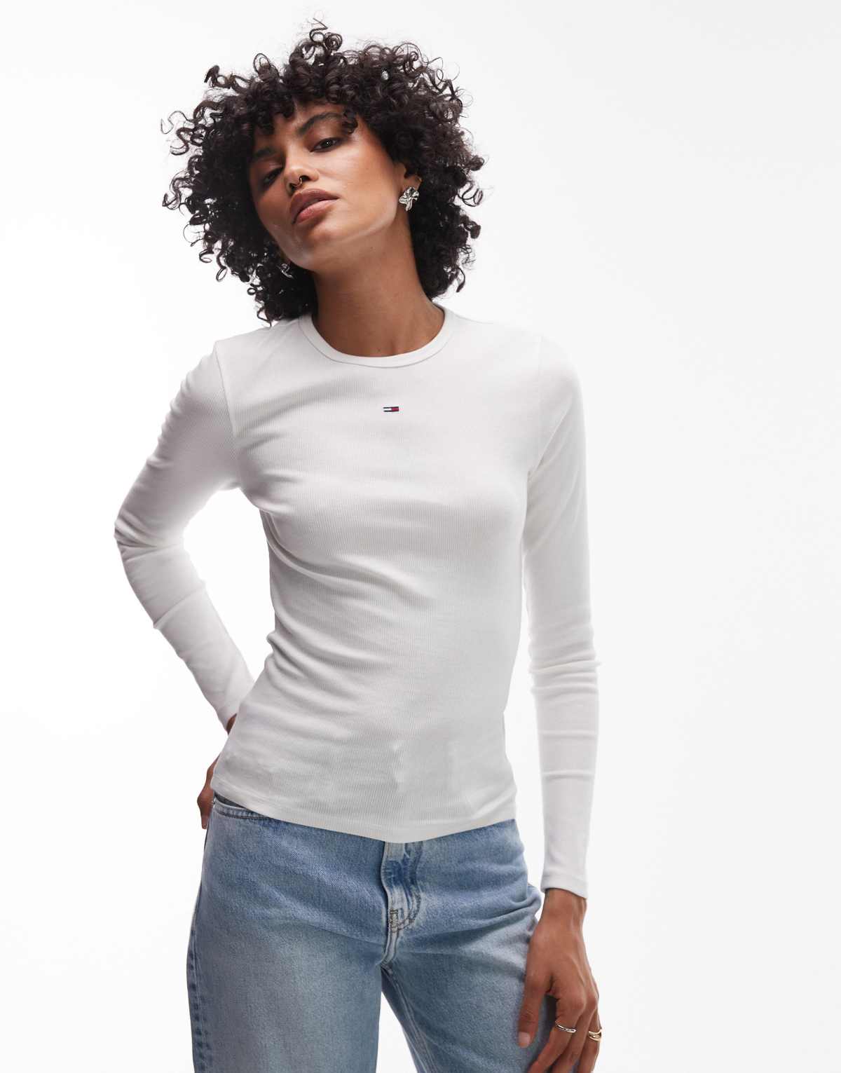Tommy Jeans essential rib long sleeve t-shirt in white