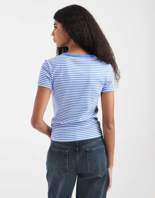 Tommy Jeans essential rib slim fit t-shirt in blue stripe, 4 of 4