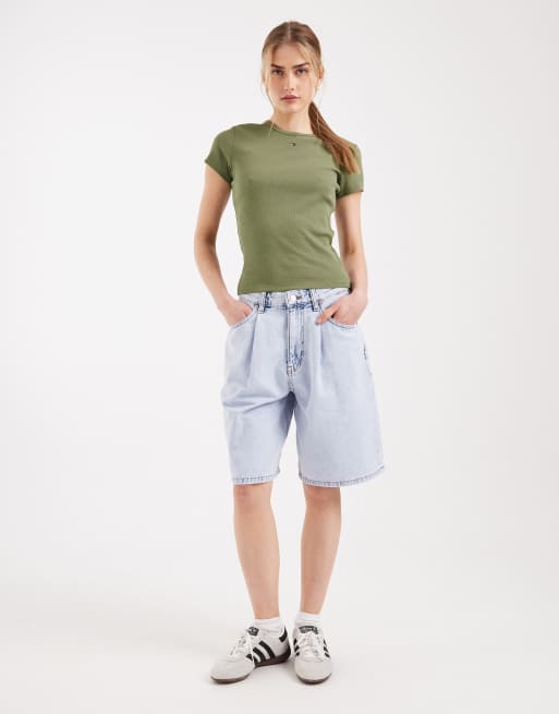Tommy Jeans essential rib slim fit t-shirt in khaki, 4 of 4