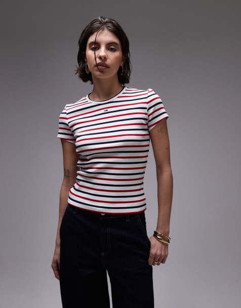 Tommy Jeans essential rib slim fit t-shirt in red white and navy stripe - view 1
