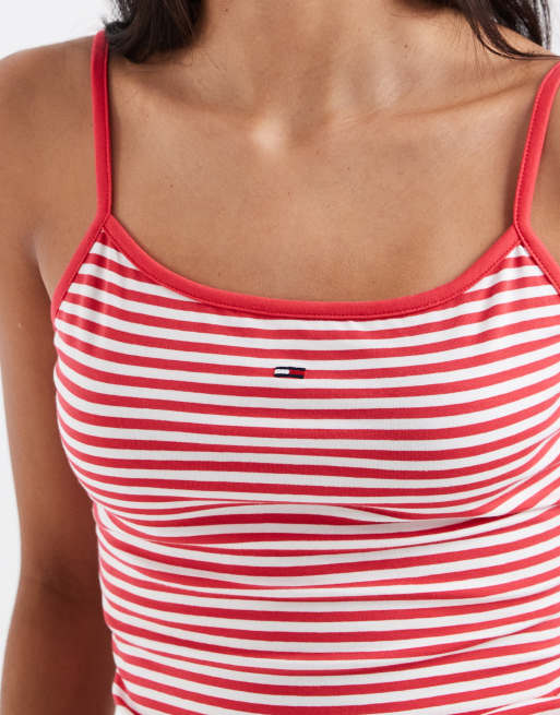 Tommy Jeans essential rib strappy singlet in red stripe, 4 of 4