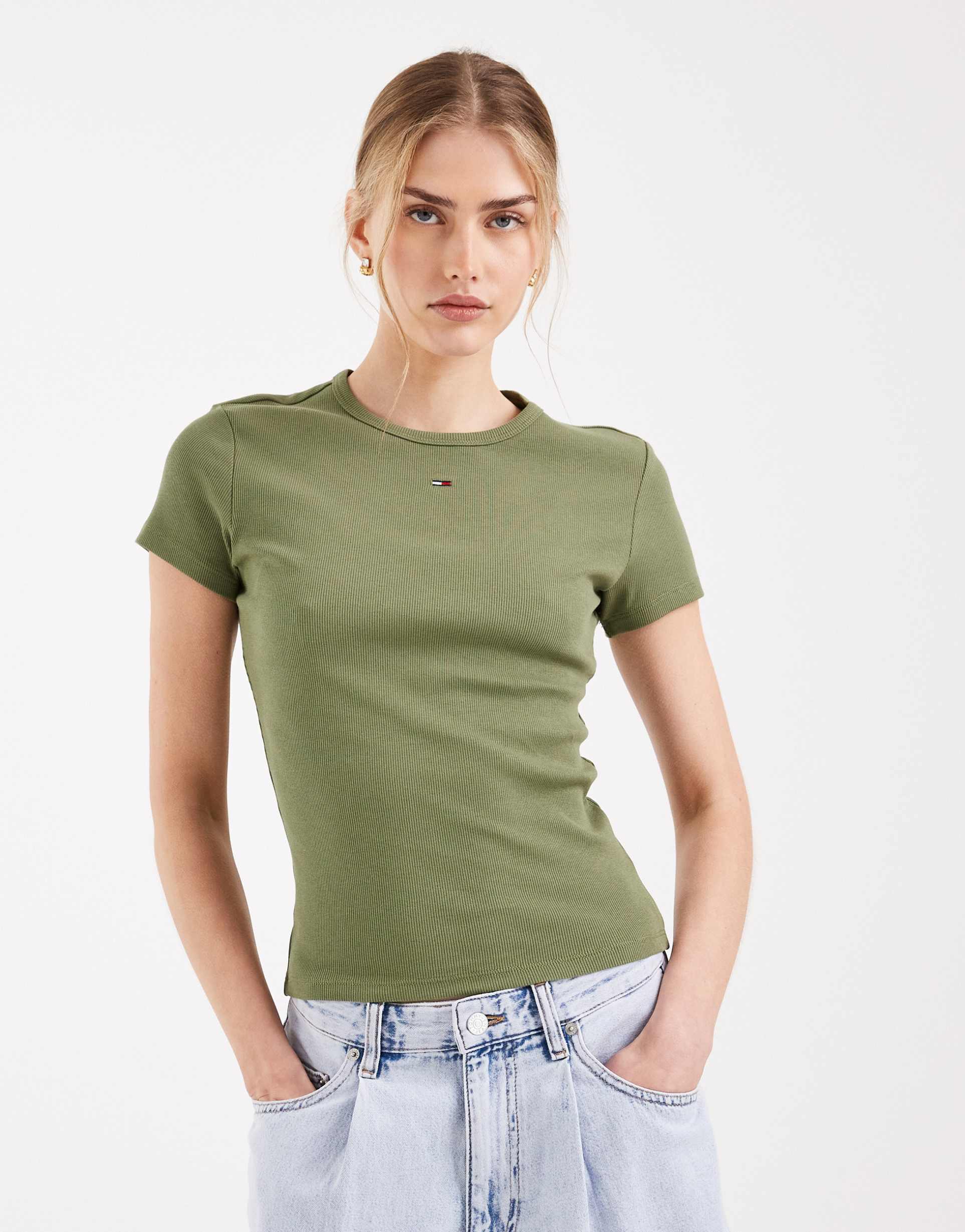 tommy jeans essential ribbed slim fit t-shirt in khaki
