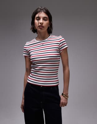 essential ribbed slim fit T-shirt in red white and navy stripe
