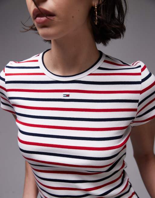 Tommy Jeans essential ribbed slim fit T-shirt in red white and navy stripe, 3 of 4