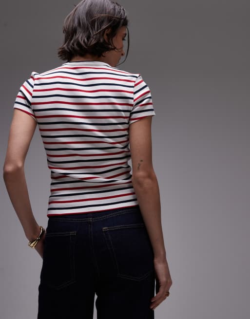 Tommy Jeans – Essential – Röd, vit och marinblå, randig, ribbad t-shirt med smal passform, 4 av 4