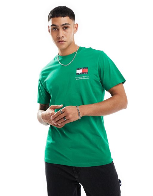 Tommy Jeans – Essential – Schmal geschnittenes T-Shirt in Waldgrün mit Flaggenlogo