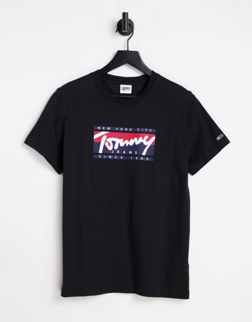 Tommy Jeans essential script logo T-shirt slim fit in black | ASOS