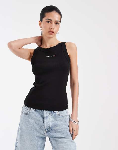 Tommy Jeans – Essential – Svart, ribbat linne med smal passform och logga - view 1