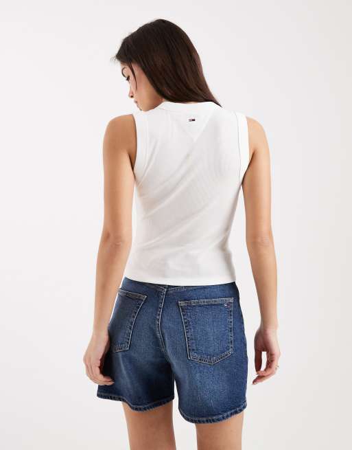 Tommy Jeans - Essentials - Hvid ribstrikket top med logo i slim fit, 2 af 4
